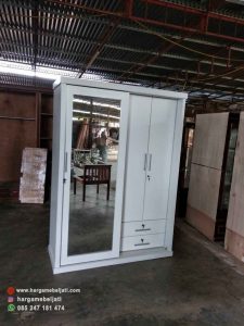 Lemari Pakaian Minimalis Modern White Duco 1 Pintu Sliding Cermin & 2 Pintu Kupu Tarung HMJ-LPKN 04