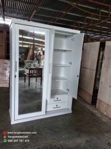 Lemari Pakaian Minimalis Modern White Duco 1 Pintu Sliding Cermin & 2 Pintu Kupu Tarung HMJ-LPKN 04 - Image 2