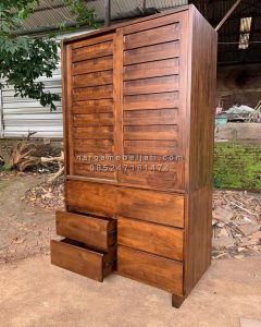 Almari Pakaian Pintu 2 Sliding  Kayu Jati Natural Minimalis Modern HMJ-LPKN 12