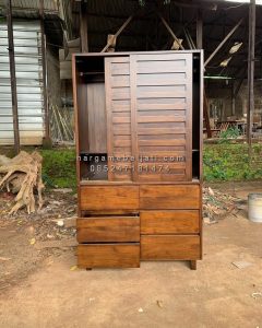 Almari Pakaian Pintu 2 Sliding  Kayu Jati Natural Minimalis Modern HMJ-LPKN 12 - Image 2
