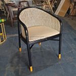 Kursi Cafe Minimalis Kayu Jati Dudukan Jok Canvas Premium x Sandaran Rotan HMJ-KCF 21