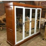 Almari Pakaian Lemari Baju Minimalis Kayu Jati 4 Pintu Sliding Plus Cermin HMJ-LPKN 21